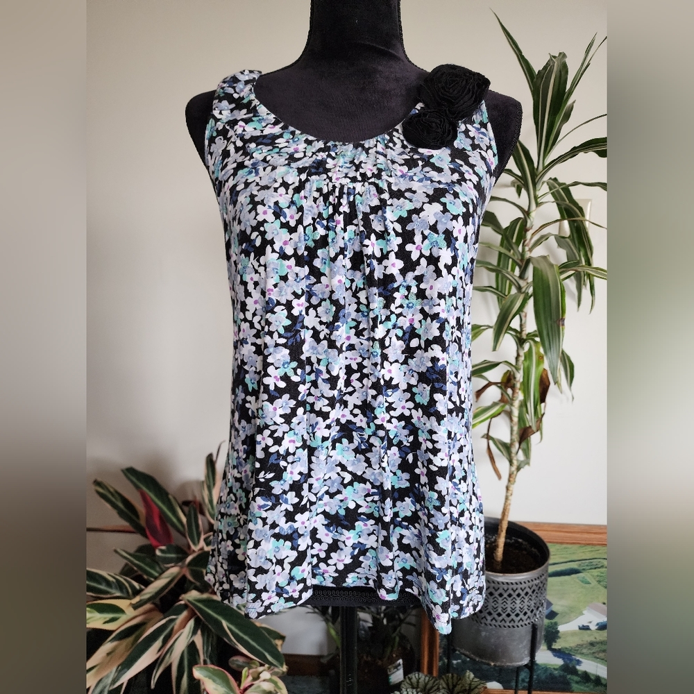 Candies floral tank top, large, black, blue, purple